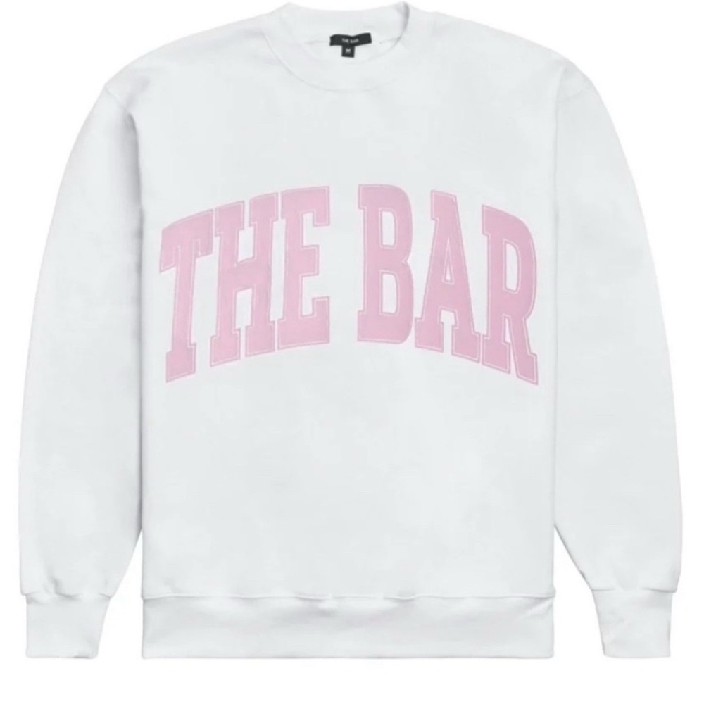 NWT! “ The Bar” varsity sweatshirt white w/ pink, size L